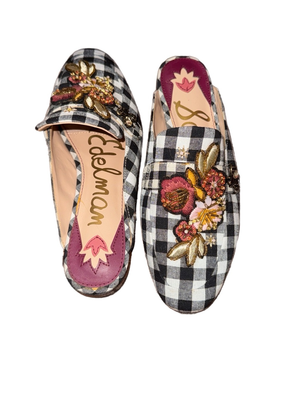 Sam Edelman Black & White Gingham Embroidered Slide Mules with Pink Accents